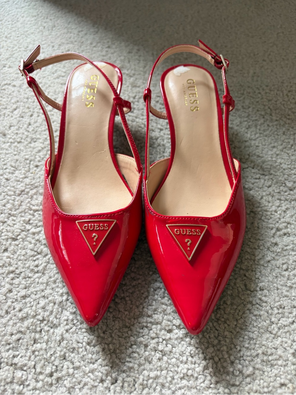 GUESS Red Patent Pointed Slingback Flats with Logo Accent